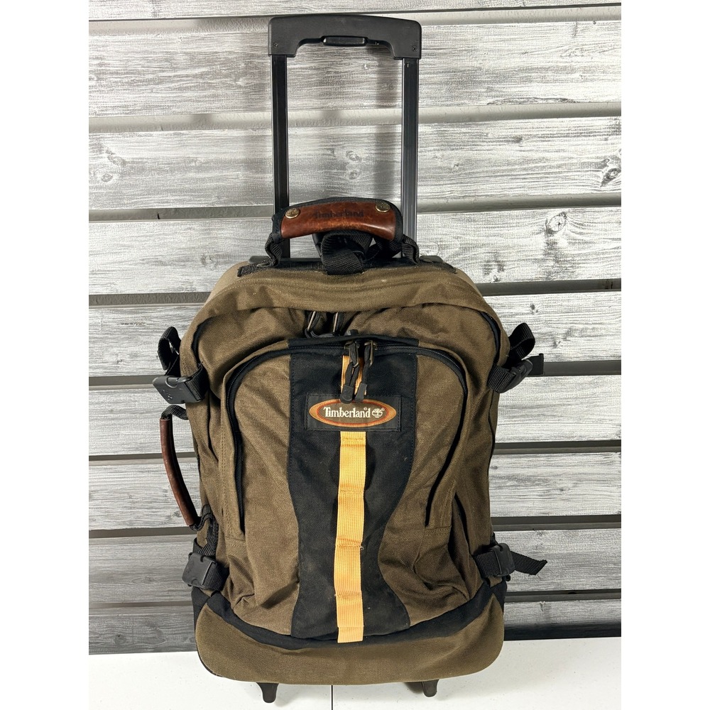 Timberland Rolling Carry On Suitcase Canvas Leather Trim Travel Bag Vintage